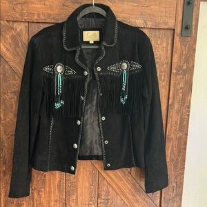 Black Suede Fringe Jacket with Turquoise Bead Accents